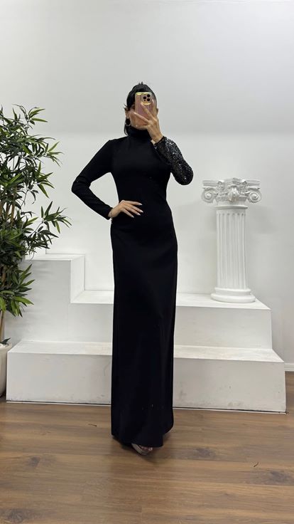 Siyah Asimetrik Payet Kol Özel Tasarım Abiye Elbise